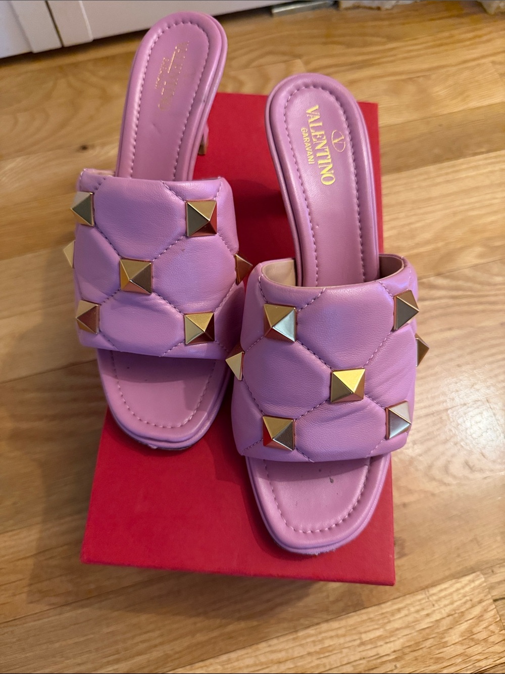 Valentino Lavender Quilted Slide Sandals with Gold Studs